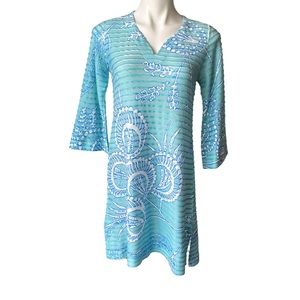 Before + Again V- Neck Tunic Dress, Blue and White, Sz S